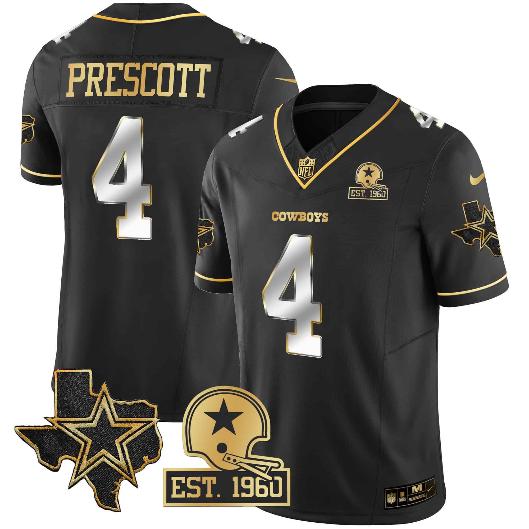 Men Dallas Cowboys #4 Prescott Black Gold 2024 Nike Patch Vapor NFL Jersey style 2